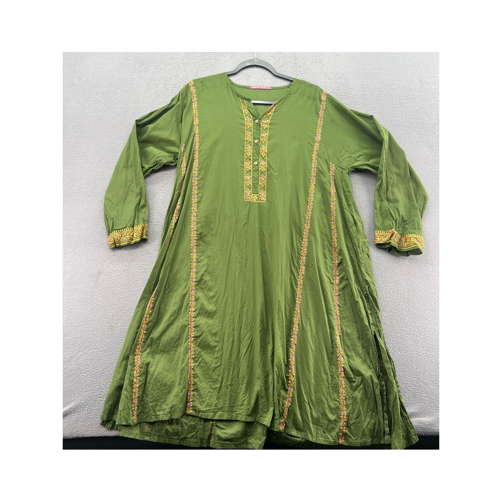 Generation Classic Green Embroidered Kurta Tunic Top Womens 16 Long Slv Cotton